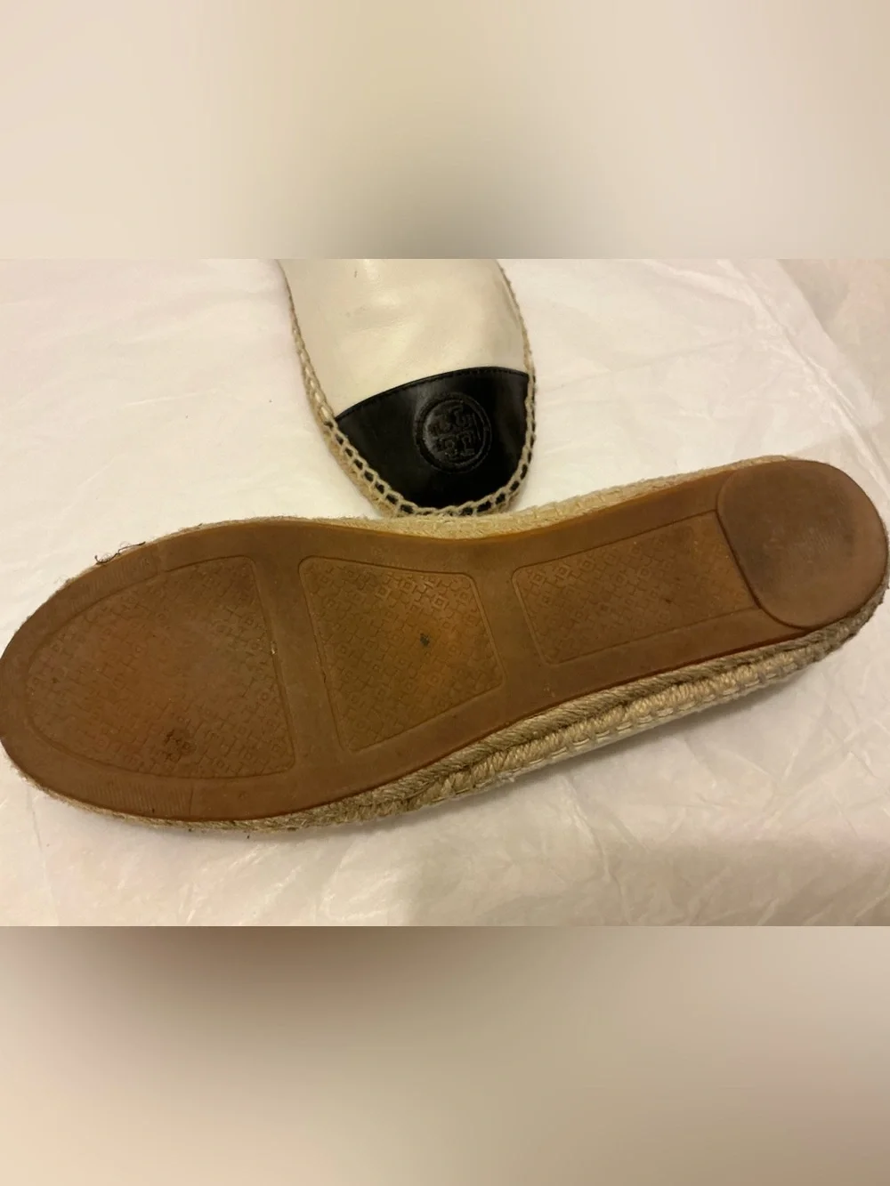 Tory Burch Ivory Leather Espadrilles with Black Toe Caps 11M